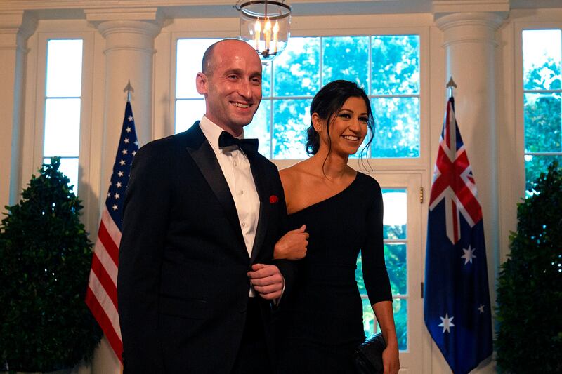 Stephen Miller and then Katie Waldman arriving to attend a state dinner honoring Australian Prime Minister Scott Morrison during Trump's first term on September 20, 2019.