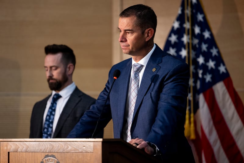 Utah Department of Public Safety Commissioner Beau Mason, right, alongside FBI Special Agent in Charge Robert Bohls—the pair told reporters that video of the suspected shooter would not be immediately released, and that authorities have recovered a rifle believed to have been used in the attack.