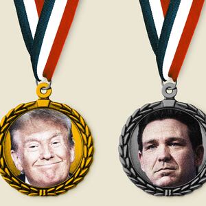 Photo illustration of a gold, silver, and bronze medal with Nikki Haley, Donald Trump and Ron DeSantis’s faces on them.