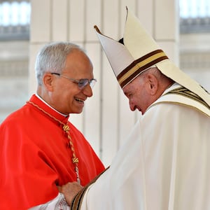 Pope Francis, right, appoints as new cardinal U.S-born prelate prefect of the Dicastery for Bishops, Robert Francis Prevost during the Ordinary Public Consistory for the Creation of new Cardinal at St. Peter's Square on Sept. 30, 2023 in Vatican City, Vatican.