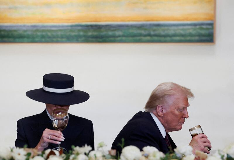 President Donald Trump and First Lady Melania Trump attend the Inauguration Day luncheon in the Statuary Hall of the U.S. Capitol  in Washington, D.C. on January 20, 2025.