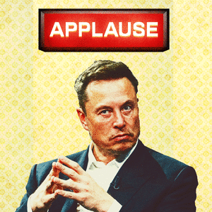 Photo illustration of Elon Musk on a yellow wallpaper background with an illuminated sign reading "applause" flashing on and off above him
