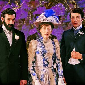 A photo illustration of Morgan Spector, Carrie Coon, and Harry Richardson in The Gilded Age.