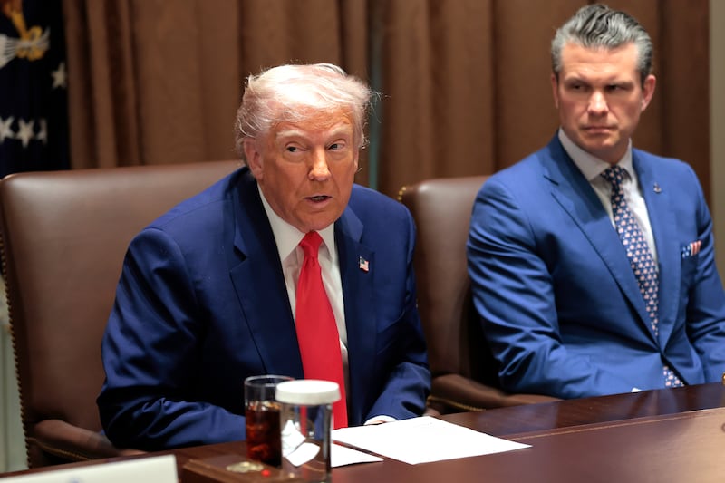 U.S. President Donald Trump delivers remarks alongside Secretary of Defense Pete Hegseth during a Cabinet meeting at the White House on April 10, 2025 in Washington, DC.