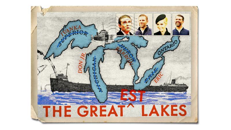 Vintage inspired postcard of the great lakes being renamed "the greatest lakes" and lakes renamed after Ivanka, Barron, Eric, and Don Jr. Trump