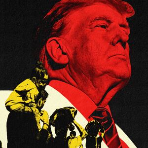 A photo illustration of Donald Trump with immigrants wading through the river overlaid on his jacket