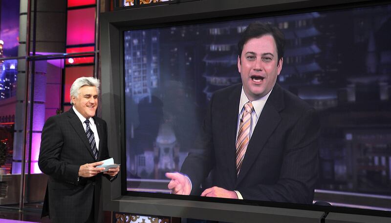 THE JAY LENO SHOW -- Episode 80 -- Pictured: (l-r) Host Jay Leno, talk show host Jimmy Kimmel during 10@10 segment on January 14, 2010 -- Photo by: Justin Lubin/NBCU Photo Bank