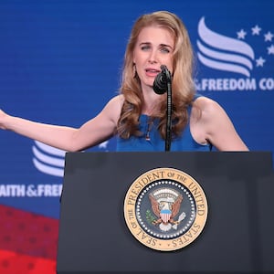 Cancer activist Natalie Harp speaks after being called on stage by U.S. President Donald Trump during the Faith & Freedom Coalition 2019 Road To Majority Policy Conference at the Marriott Wardman Park Hotel, on June 26, 2019 in Washington, DC.