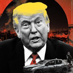 Donald Trump in front of collaged images of Iran after bombings from Israel